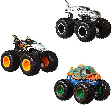 Hot Wheels Toy Monster Trucks Creature 3-Pack, Set of 3 Toy Trucks in 1:64 Scale: Shark Wreak, Piran-ahh & Mega-Wrex