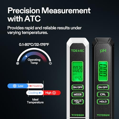 VIVOSUN Digital pH and TDS Meter Kits, 0.01pH High Accuracy Pen Type pH Meter ± 2% Readout Accuracy 3-in-1 TDS EC Temperature Meter for Hydroponics, Pool and Aquarium, Black White, UL Certified