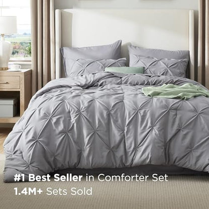 Bedsure Queen Comforter Set Grey - Bed in a Bag Queen Size 7 Pieces, GentleSoft™ Pintuck Bed Set Gift for Family, Pinch Pleat All Season Comforter with Sheets, Pillowcases & Shams