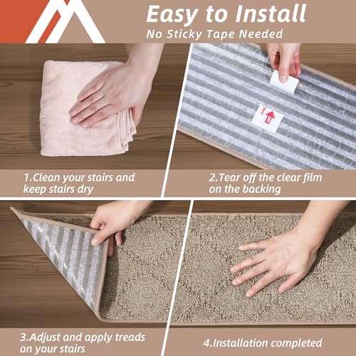 COSY HOMEER Edging Stair Treads Non-Slip Carpet Mat 28inX9in Indoor Stair Runners for Wooden Steps, Edging Stair Rugs for Kids and Dogs, 100% Polyester TPE Backing (15pc, Beige)