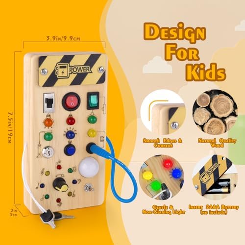 Montessori Wooden Busy Board with 8 LED Light switches, Sensory Toys Light Switch Travel Toys for 1+ Year Old Baby and Toddler