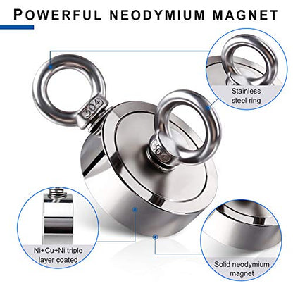 DIYMAG Strong Double Side Neodymium Fishing Magnets,1300 lbs(590KG) Pulling Force Rare Earth Magnet with 20m (65 Foot) Durable Rope and Protective Gloves,for Retrieving in River and Fishing