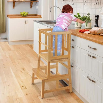 COSYLAND Kids Kitchen Step Stool，Toddler Standing Tower with CPC Certification, Removable Anti-Drop Railing Safety Rail Enjoys Unique Patented Design A Anti-tip Structure More Stable, Natural Bamboo