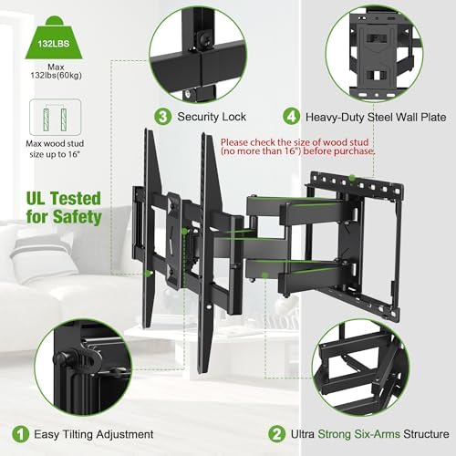 USX Mount Full Motion TV Wall Mount for Most 42-86 inch Flat Screen/LED/4K, TV Mount Bracket Dual Swivel Articulating Tilt 6 Arms, Fits 8” 12” 16" Wood Studs,Max VESA 600x400mm, Holds up to 132lbs