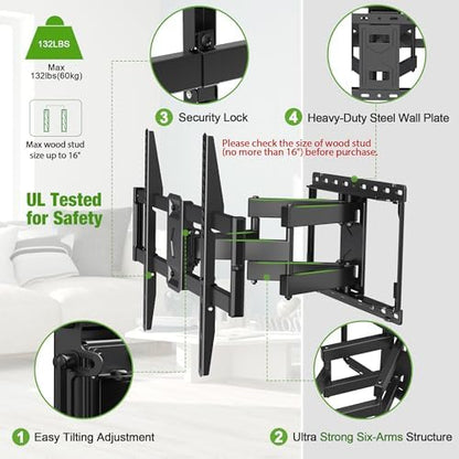 USX Mount Full Motion TV Wall Mount for Most 42-86 inch Flat Screen/LED/4K, TV Mount Bracket Dual Swivel Articulating Tilt 6 Arms, Fits 8” 12” 16" Wood Studs,Max VESA 600x400mm, Holds up to 132lbs