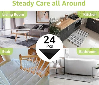 Rabenda 24 Pcs Grippers for Rugs, Non Slip Rug Pads for Hardwood Floors and Tiles, Reusable Rug Tape for Area Rugs, Dual Sided Adhesive Rug Pad Gripper Keep Corners Flat(Black)