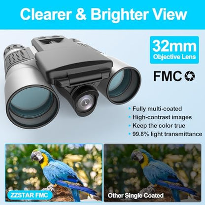 ZZSTAR 12x32 Binoculars with Built-in Camera, High Powered Binoculars for Adults, 2" LTPS Display 5MP 1080P Video Photo Recorder for Bird Watching Travel Concert, with 32GB Micro SD Card, Silver