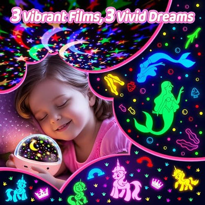 Unicorn Night Light for Girls, Unicorn Room Decor for Girls Bedroom, Star Projector, Remote+Dimmable Little Mermaid Toys, 360° Silent Rotation, Princess Night Light