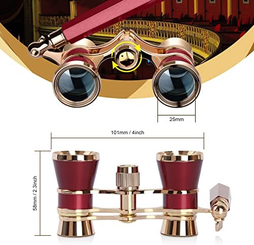 Aomekie Opera Glasses Binoculars 3X25 Theater Glasses Mini Binocular Compact with Handle for Adults Women in Musical Concert（Red）