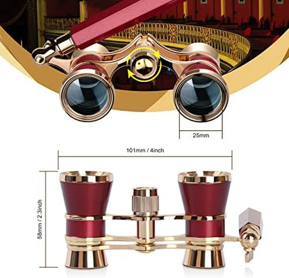 Aomekie Opera Glasses Binoculars 3X25 Theater Glasses Mini Binocular Compact with Handle for Adults Women in Musical Concert（Red）