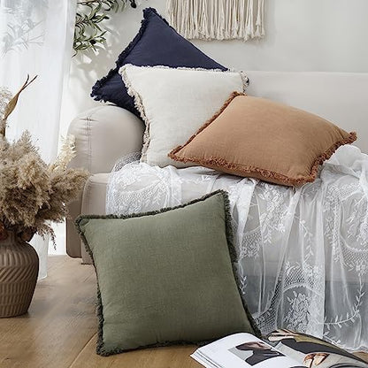 Foindtower Set of 2 Decorative Linen Fringe Throw Pillow Covers Cozy Boho Farmhouse Cushion Cover with Tassels Soft Accent Pillowcase for Couch Sofa Bed Living Room Home Decor,18×18 Inch,Olive Green