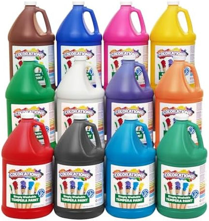 Colorations Paraben-Free Washable Tempera Paint for Kids - Set of 12 Colors, Gallon Value Sizes, Vibrant Poster and Classroom Paint for Creative Projects, Washable, Made in USA, Non-Toxic