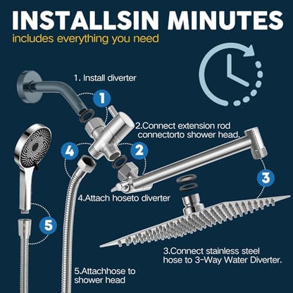 Shower Head,8”Rain Shower Head with Handheld Spray Combo with 11'' Angle Adjustable Extension Arm/Flow Regulator/Shower System,High Pressure Rainfall Shower Head Bathroom,Chrome