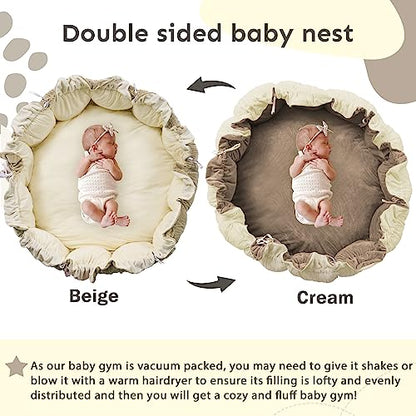 5-in-1 Thick & Plush Baby Play Gym, Baby Play Mats for Floor, Tummy Time Mat with 6 Toys, Cat Bed, Dog Bed, Convertible Stage-Based Developmental from Babies to Toddler, Ball Pit, Pet Cushion, Brown