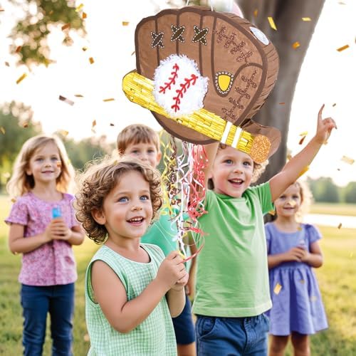 WERNNSAI Baseball Piñata - Baseball Piñata Bundle with Blindfold and Bat Sports Birthday Party Decorations for Boys Kids Pull String Baseball Gloves Piñata Family Games Baseball Party Supplies