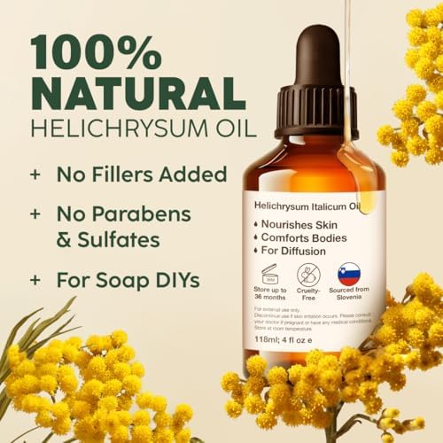 KUKKA Helichrysum Essential Oil for Skin, Relaxation - 100% Pure and Natural Undiluted Helichrysum Oil for Aromatherapy, Skin Care, Home Diffusers, Massage and Humidifiers - 4 fl oz, Non-GMO