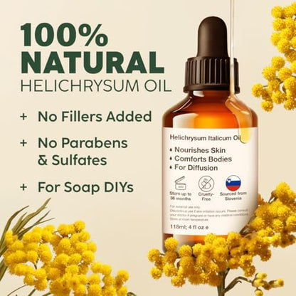 KUKKA Helichrysum Essential Oil for Skin, Relaxation - 100% Pure and Natural Undiluted Helichrysum Oil for Aromatherapy, Skin Care, Home Diffusers, Massage and Humidifiers - 4 fl oz, Non-GMO
