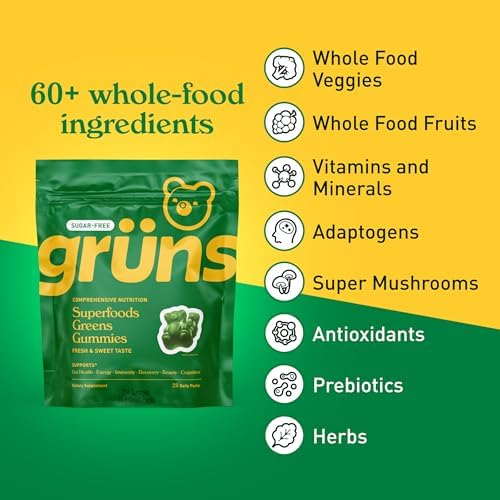 Gruns Adult Sugar-Free Super Greens Gummies, Superfood Gummy Bears with Spirulina, Chlorella, Fiber & Prebiotics for Digestive Health, Adaptogens Supplement with 20 Vitamins & Minerals, 28 Packets