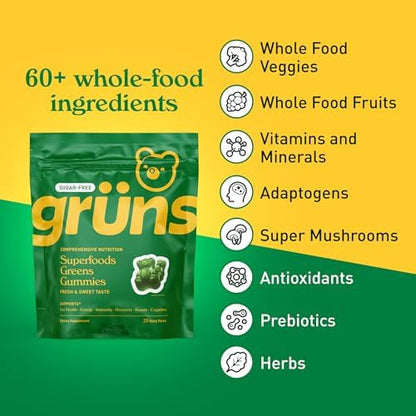 Gruns Adult Sugar-Free Super Greens Gummies, Superfood Gummy Bears with Spirulina, Chlorella, Fiber & Prebiotics for Digestive Health, Adaptogens Supplement with 20 Vitamins & Minerals, 28 Packets