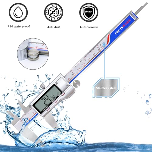 Digital Caliper, Vernier Caliper Measuring Tool with Stainless Steel, Electronic Micrometer Caliper with Large LCD Screen, Auto-Off Feature, Easy Switch from Inch Metric Fraction, (6 Inch//150 mm)