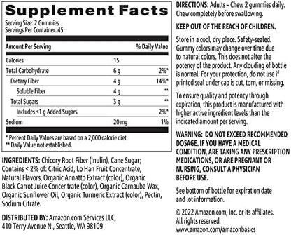 Amazon Basics (previously Solimo Fiber 4g Gummy - Digestive Health, Supports Regularity, Orange, Lemon & Strawberry, 90 Gummies (2 per Serving) (Pack of 2)