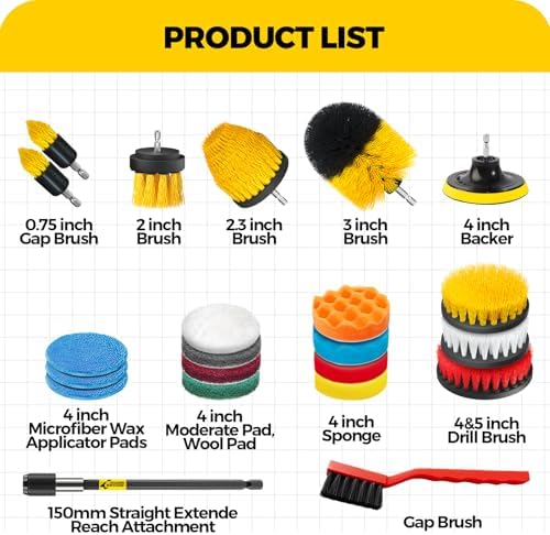Holikme 22Pack Drill Brush Attachments Set,Scrub Pads & Sponge, Buffing Pads,Power Scrubber Brush,Car Polishing Pad Kit,Wax Applicator Pad,Car Cleaning Kit,Masonry Brushes,Cleaning Supplies