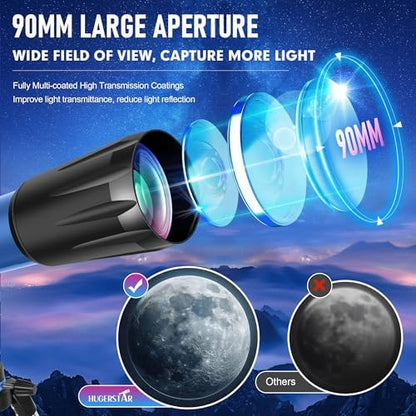 Telescope, Telescope for Adults High Powered, 90mm Aperture 800mm Professional Refractor Telescopes for Adults Astronomy Beginners with AZ Mount Stainless Tripod, Carry Bag and Moon Filter