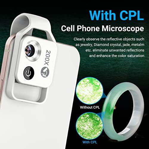 200X Phone Mini Pocket Microscope with LED Light/Universal Clip, Nano Zoom Portable Digital Microscope Camera Attachments for 99% Smartphone, Microworld for Kids Adults (White 200X with CPL)