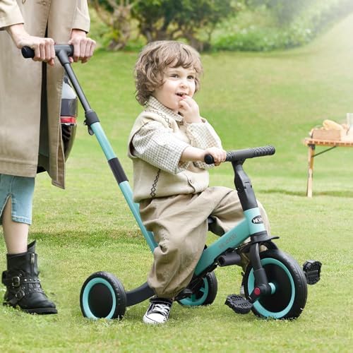 newyoo Tricycles for 1-3 Year Olds, Toddler Bike, Birthday Gift and Toy for Boys and Girls, Toddler Tricycle with Parent Push Handle, Trike with Backrest and Safety Belt, Blue, TR007