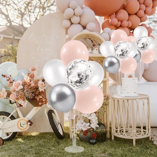 Pink and Silver Balloon Stand Centerpiece Table Decorations for Baby Shower Wedding Engagement Bridal Shower Anniversary Mother's Day Birthday Party Decorations(Pink silver set4)