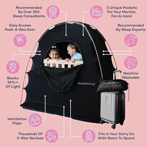 SlumberPod The Original Blackout Sleep Tent Travel Essential for Babies and Toddlers, Mini Crib and Pack N Play Cover, Sleep Pod for Kids with Monitor Pouch and Fan Pouch, Blocks 95%+ Light, Black