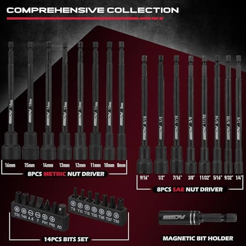 Nut Driver Impact Bit Set - 31-Piece Magnetic Socket Impact Drill Bit Tool Sets Extra Long Hex Nut Setter Driver Holder - Metric SAE Screwdriver Bits 1/4 Drive Shank Adapter Extension