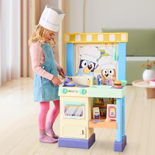 BLUEY - Cook with Chef Bluey Kitchen Playset, with Over 20 Sounds, Phrases, Music and Lights, Plus 20 Play Pieces Included, Over 3 feet/ 90cm Tall, Includes A Chef Hat and Duck Cake