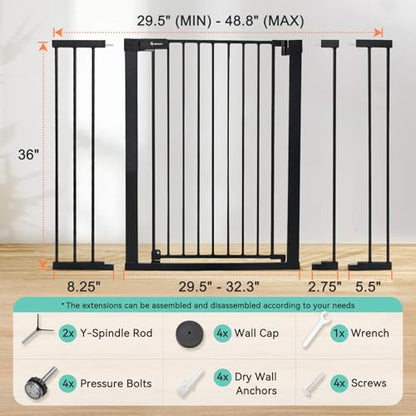 COMOMY 36" Extra Tall Baby Gate for Stairs and Doorways - Fits 29.5" to 48.8" Wide Openings, Auto Close Extra Wide Dog Gate for House, Pressure Mounted Easy Walk Through Pet With Door, Black