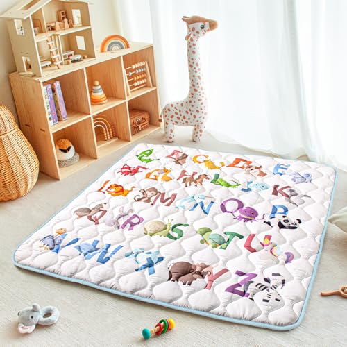 Baby Play Mat, 50x50 Playpen Mat with Super Soft Touch, Activity Mats with Upgraded Anti-Slip Bottom, Machine Washable Crawling Mats for Floor & Picnic (Animal Alphabets)