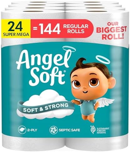 Angel Soft Toilet Paper, 24 Super Mega Rolls = 144 Regular Rolls, Soft and Strong Toilet Tissue