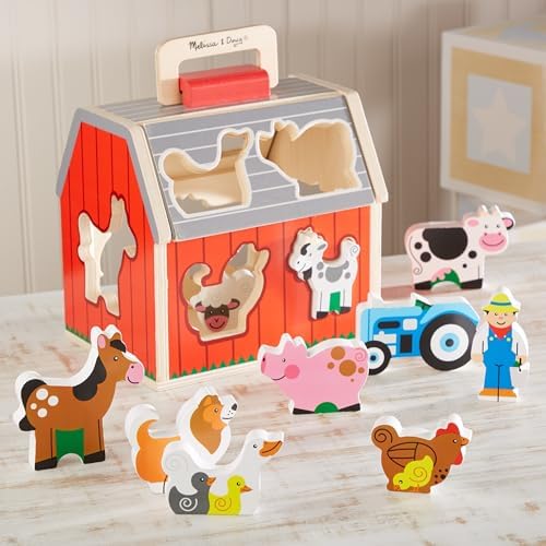 Melissa & Doug Wooden Take-Along Sorting Barn Toy with Flip-Up Roof and Handle, 10 Wooden Farm Play Pieces - Farm Toys, Shape Sorting And Stacking Learning Toys For Toddlers And Kids Ages 2+