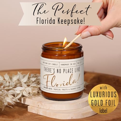 Florida Gifts, Florida Decor for Home - 'There's No Place Like Florida Candle, w/Tropical Fruits & Sugared Citrus I Florida Souvenirs I Florida State Gifts I 9oz Jar, 50Hr Burn, USA Made