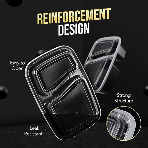 Glotoch 50 Pack 32oz 2 Compartment Meal Prep Container Microwave Safe, Food Prep Containers With Lids For Lunch/Deli/Takeout/Leftover, BPA-Free Freezer & Dishwasher Safe, Black