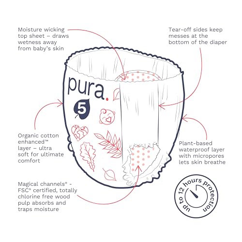 Pura Hypoallergenic Diaper Pants Size 5 (27-38 lbs) Overnight, up to 12 Hours Leak Protection, Suitable for Sensitive Skin, Totally Chlorine Free, Soft Organic Cotton, 3 packs of 19 (57 Pull Up Pants)