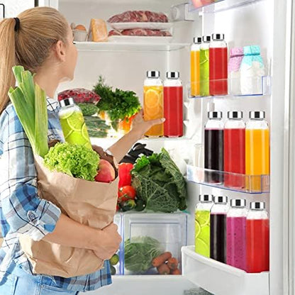 Clear Glass Bottles with Lids 18 oz, Reusable Glass Water Bottles with Stainless Steel Cap for Juicing, Refrigerator,100% Leak Proof, BPA Free, Juice Water Bottle Set of 6