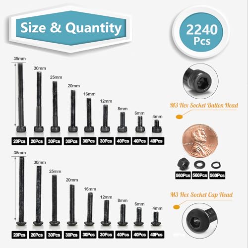 Kadrick Metric Screws Assortment,2240 Pcs M3 Screws Nuts Washers Assortment M3x4MM-35MM, Hex Socket Button & Cap Head M3 Machine Bolts Kit, 12.9 & 10.9 Grade Black Alloy Steel for 3D Printing