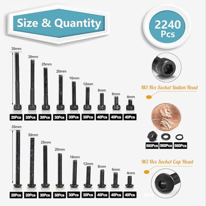 Kadrick Metric Screws Assortment,2240 Pcs M3 Screws Nuts Washers Assortment M3x4MM-35MM, Hex Socket Button & Cap Head M3 Machine Bolts Kit, 12.9 & 10.9 Grade Black Alloy Steel for 3D Printing