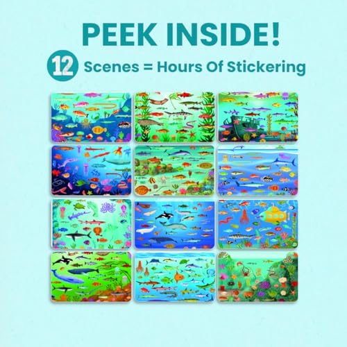 Cupkin Ocean Sticker Book Activity for Kids, Toddler Airplane Travel Essentials, 500+ Shark Stickers for Kids + 12 Scenes + 12 Coloring Book Pages, Deep Blue Sea Gift, Kid Crafts Ages 2-8
