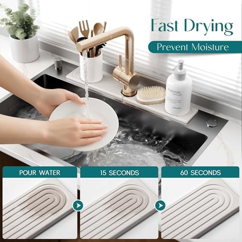 Stone Faucet Mat for Kitchen Sink – Diatomite Drying Stone Mat & Sink Protector, Prevent Moisture – Sink Splash Guard Water-Absorbing Stone Tray for Bathroom Counter [Light Grey,23.6" x 3.9"]