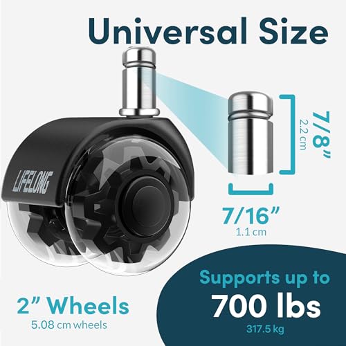 Lifelong Office Chair Wheels Replacement Rubber Chair Casters for Hardwood Floors and Carpet, Set of 5, Heavy Duty Casters for Chairs to Replace Office Chair Mats - Fits 98%