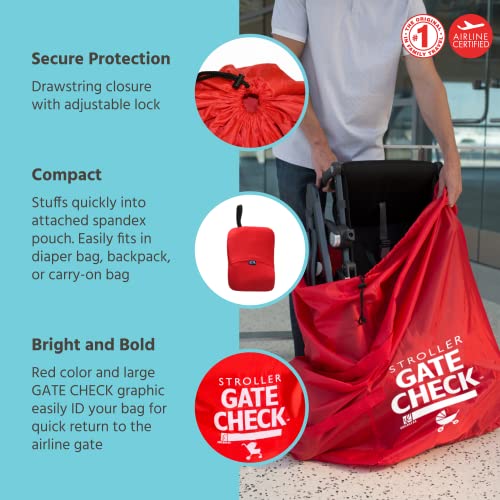 J.L. Childress Gate Check Bag for Single & Double Strollers - Travel Bag for Airplane, Fits Most Standard Baby Strollers, Airport Accessories for Gate Check, Flying Essentials - Red