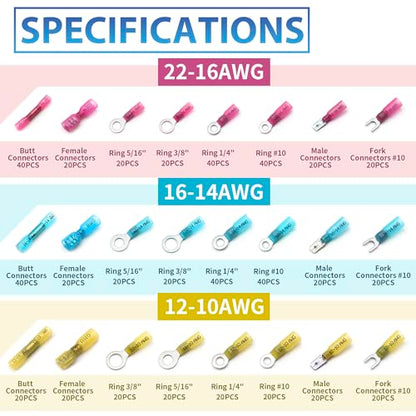 600Pcs Heat Shrink Wire Connectors Electrical Kit - Oiojuct Marine Automotive Crimp Terminals Assortment, Waterproof Ring Fork Spade Electrical Butt Connector