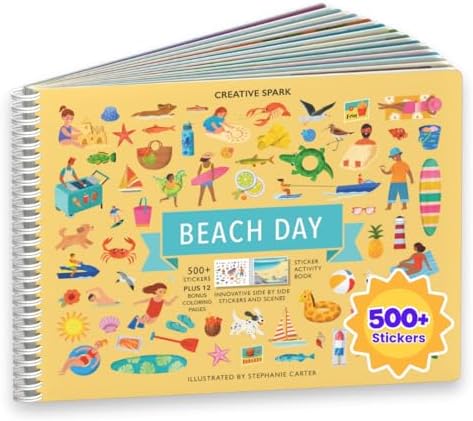 CUPKIN Sticker Book for Kids 2-4, 500+ Kids Stickers, Beach Day 12 Coloring Pages 12 Side by Side Scenes, Fun Toddler Travel Activity Coloring and Sticker Books for Children Ages 4-8 + 8-10