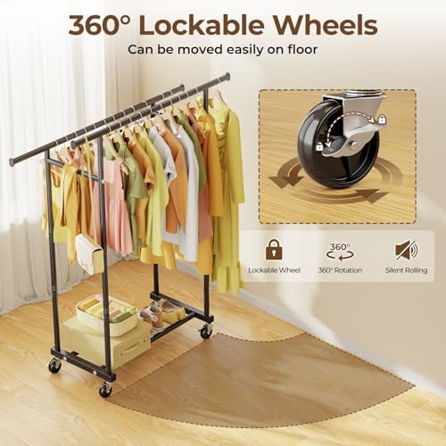 Double Rods Clothes Rack, Rolling Clothing Rack for Hanging Clothes Portable Wardrobe Rack, Metal Garment Rack Sturdy Coat Rack for Bedroom Laundry Living Room, Black